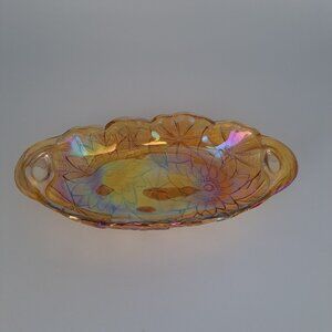 Indiana Marigold Carnival Glass Sunflower Celery Candy Dish Two Handles Vintage